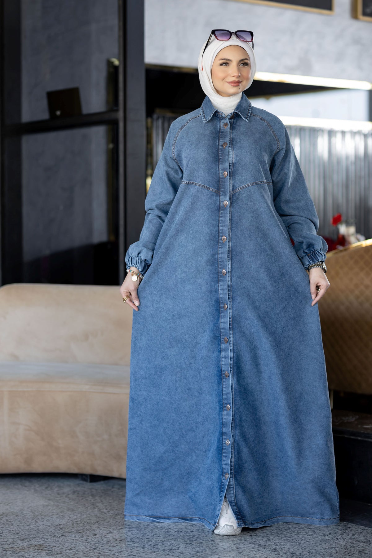 Long summer denim dress for hijabis