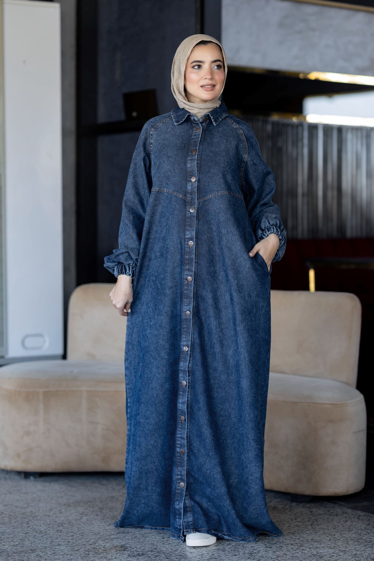 Long summer denim dress for hijabis