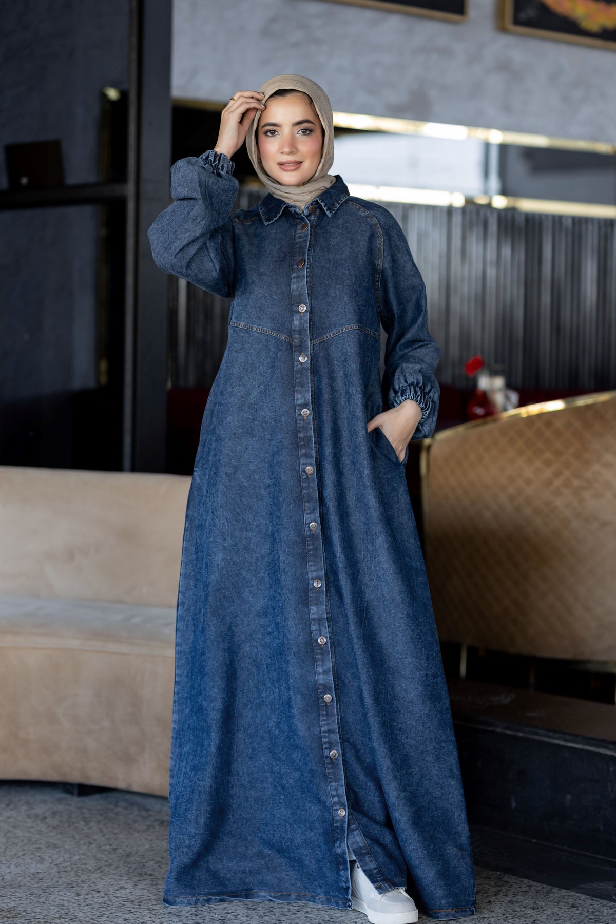 Long summer denim dress for hijabis