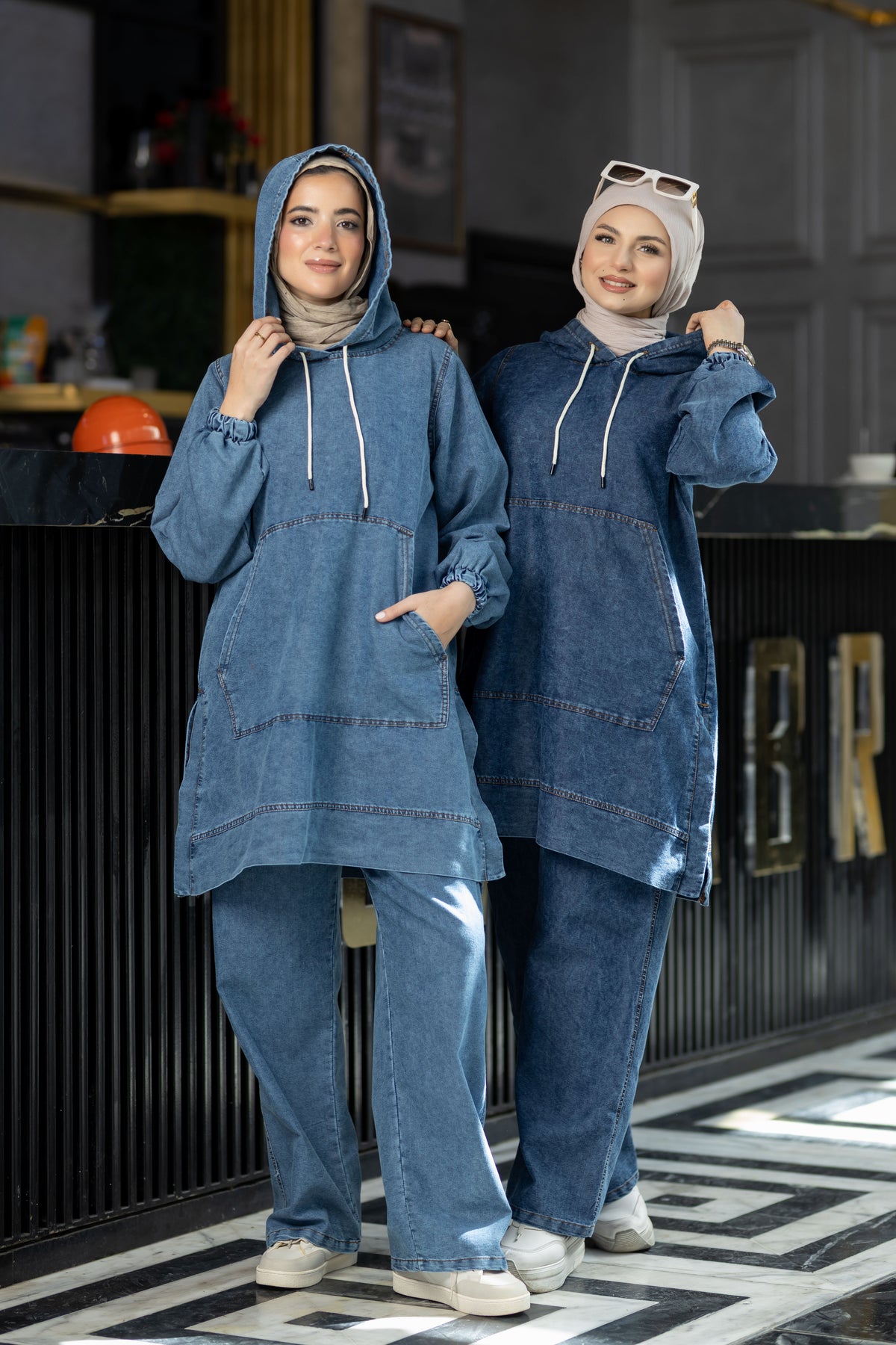 Hooded summer denim suit for hijabis