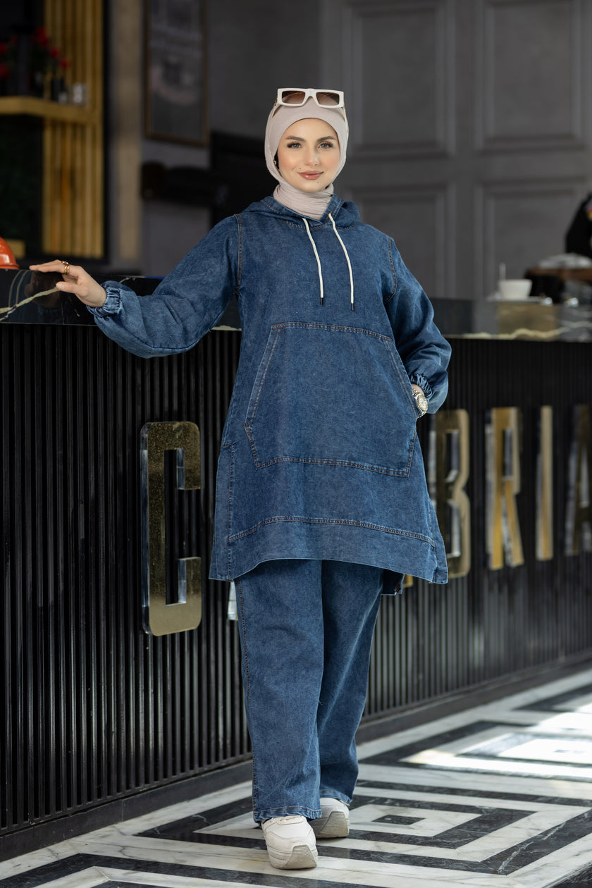 Hooded summer denim suit for hijabis