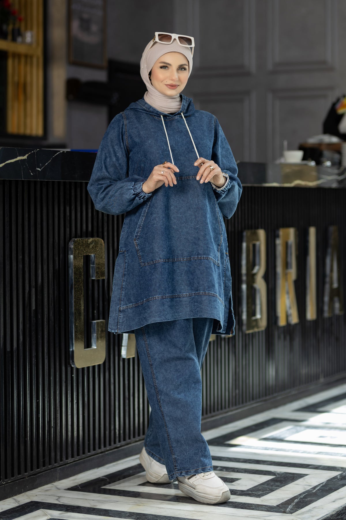 Hooded summer denim suit for hijabis