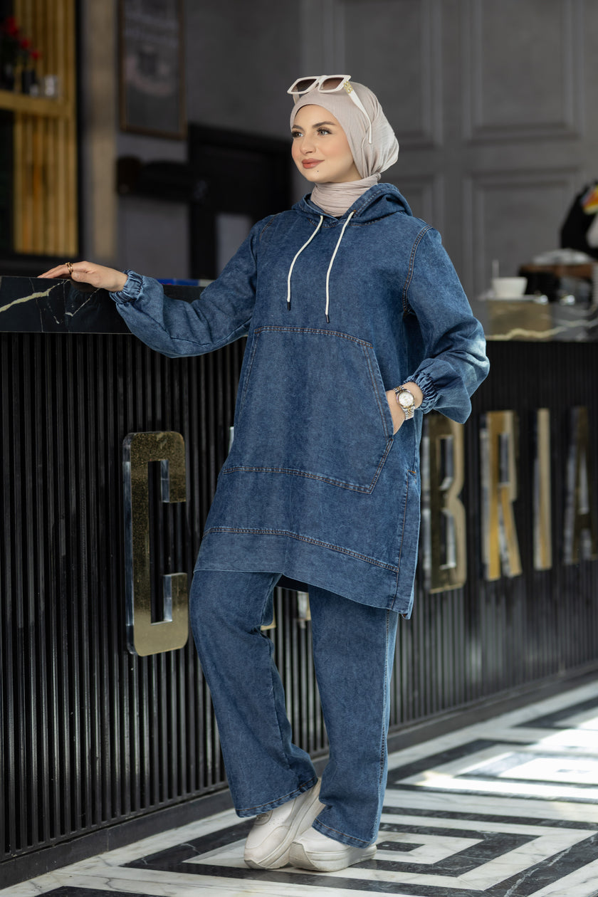 Hooded summer denim suit for hijabis
