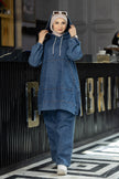 Hooded summer denim suit for hijabis in dark blue