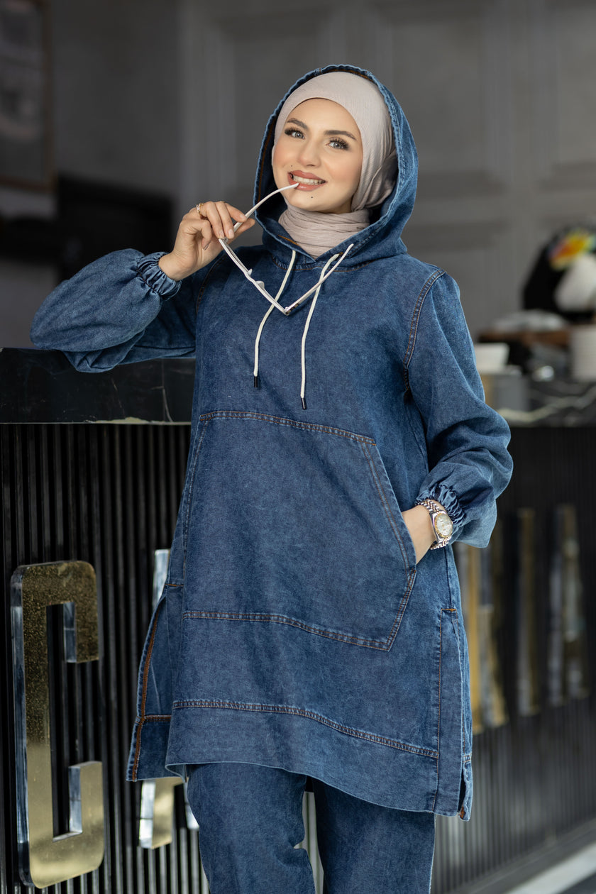 Hooded summer denim suit for hijabis