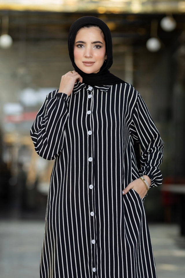شميز مقلم طويل للمحجبات لون أسود