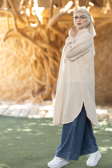 Long basic striped shirt in beige
