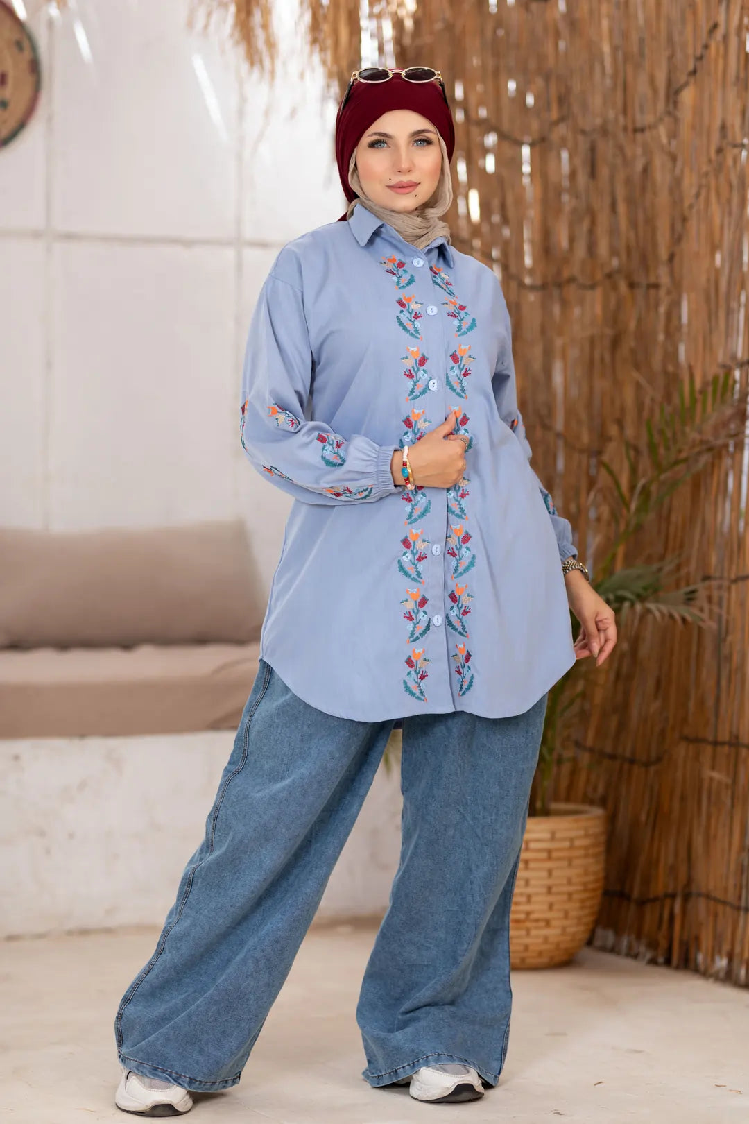 Floral embroidered gabardine shirt