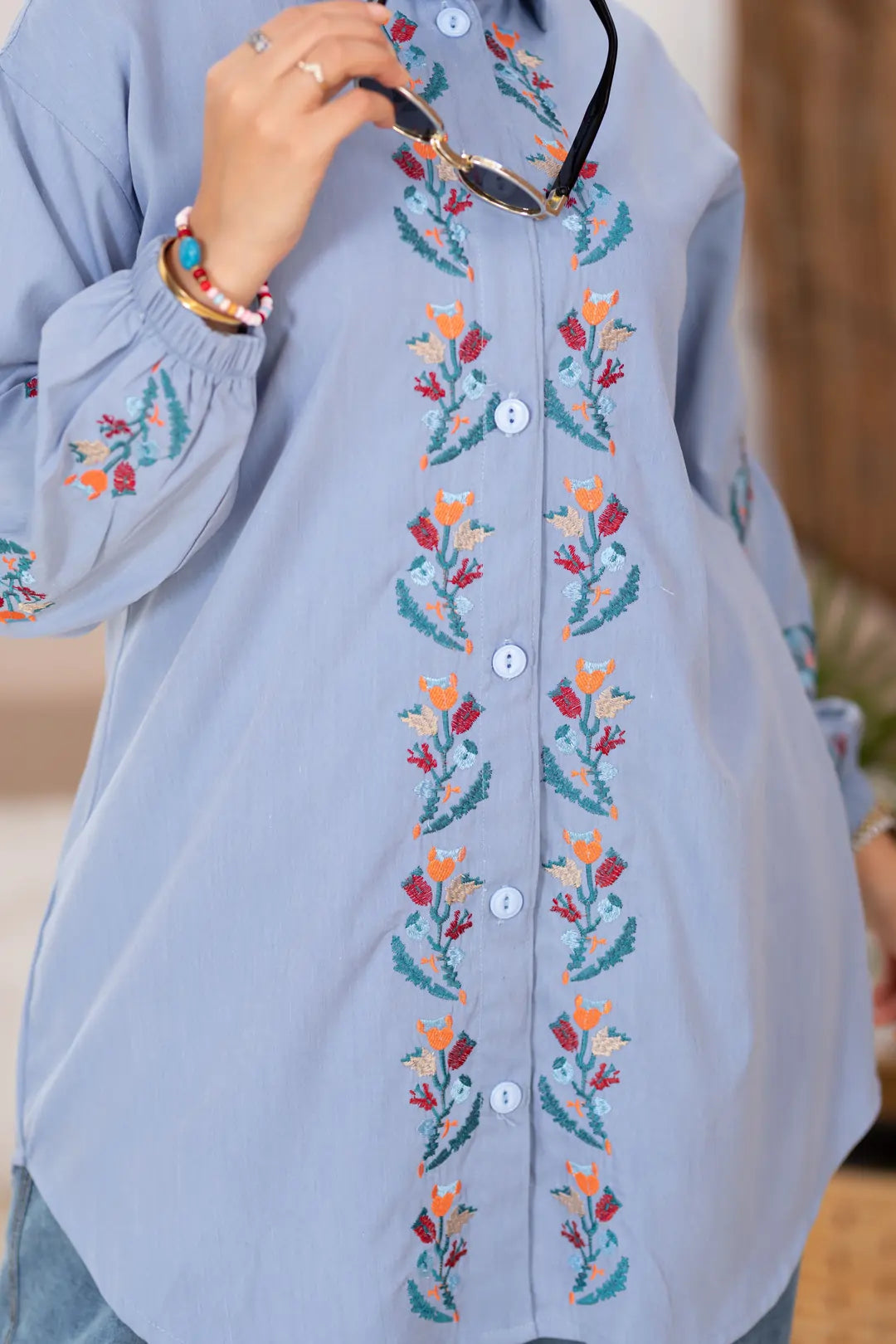 Floral embroidered gabardine shirt