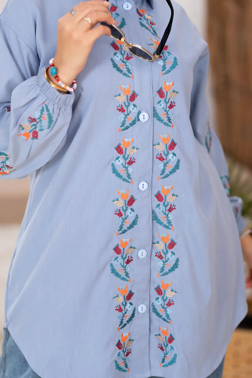Floral embroidered gabardine shirt