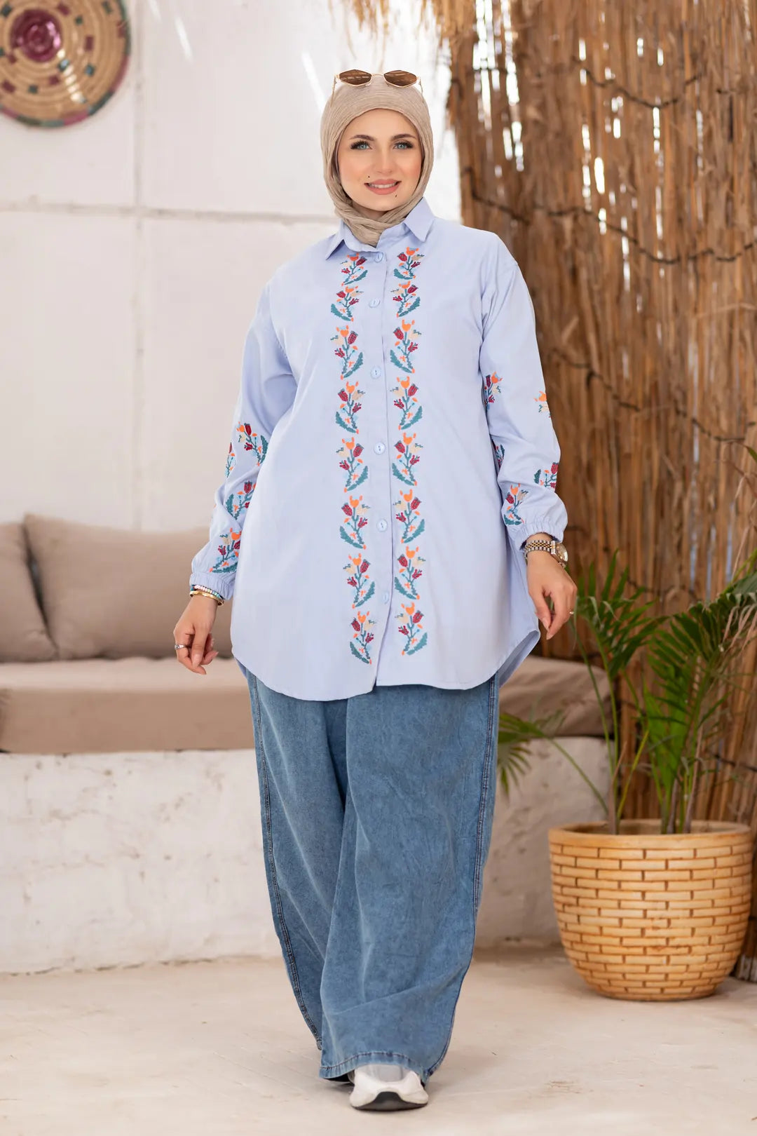 Floral embroidered gabardine shirt