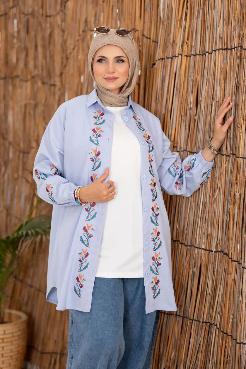 Floral embroidered gabardine shirt