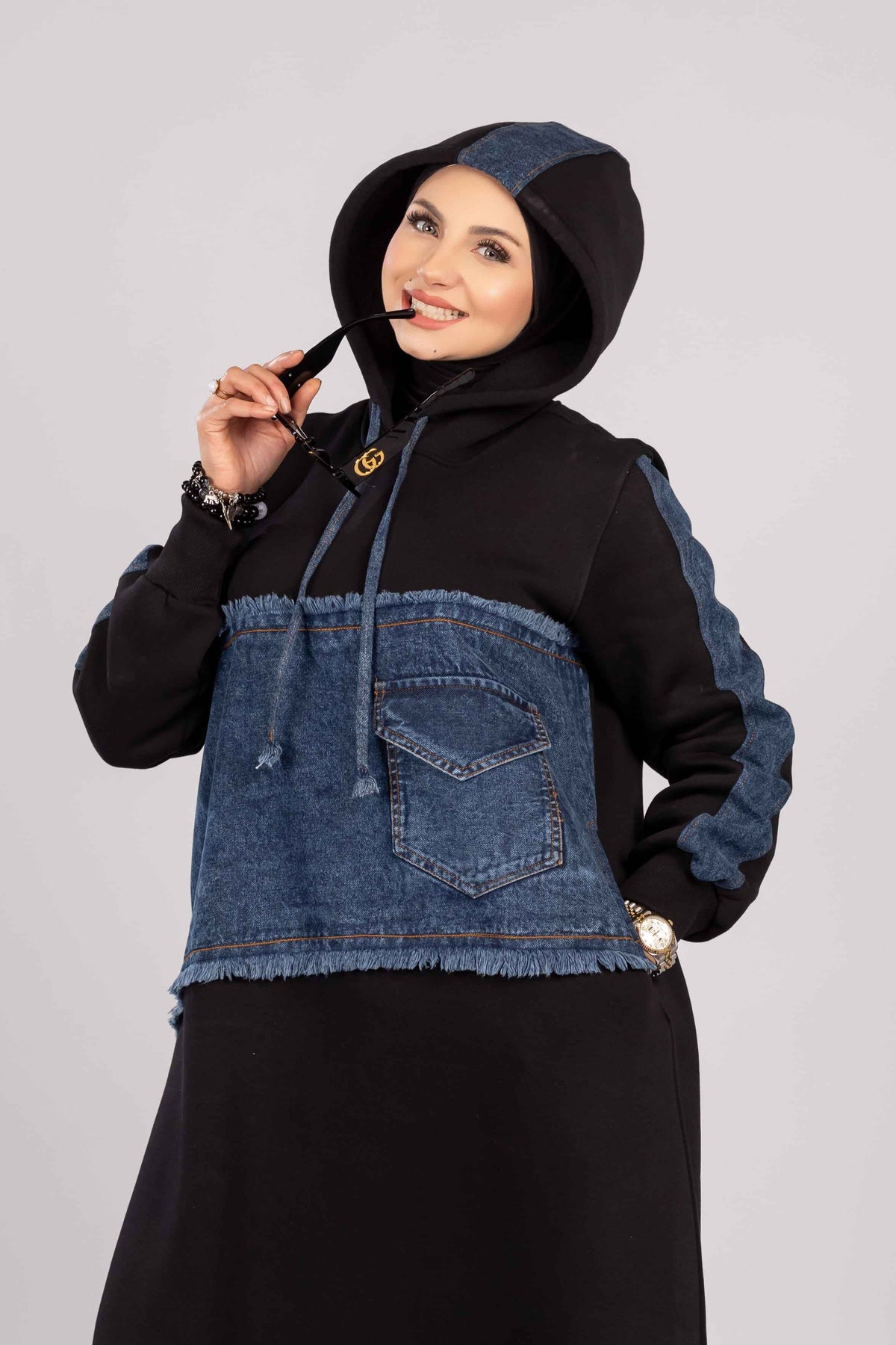 Long hoodie dress with denim panels for hijabis in denim with black