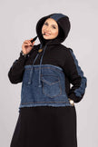 Long hoodie dress with denim panels for hijabis in denim with black