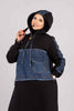 Long hoodie dress with denim panels for hijabis in denim with black