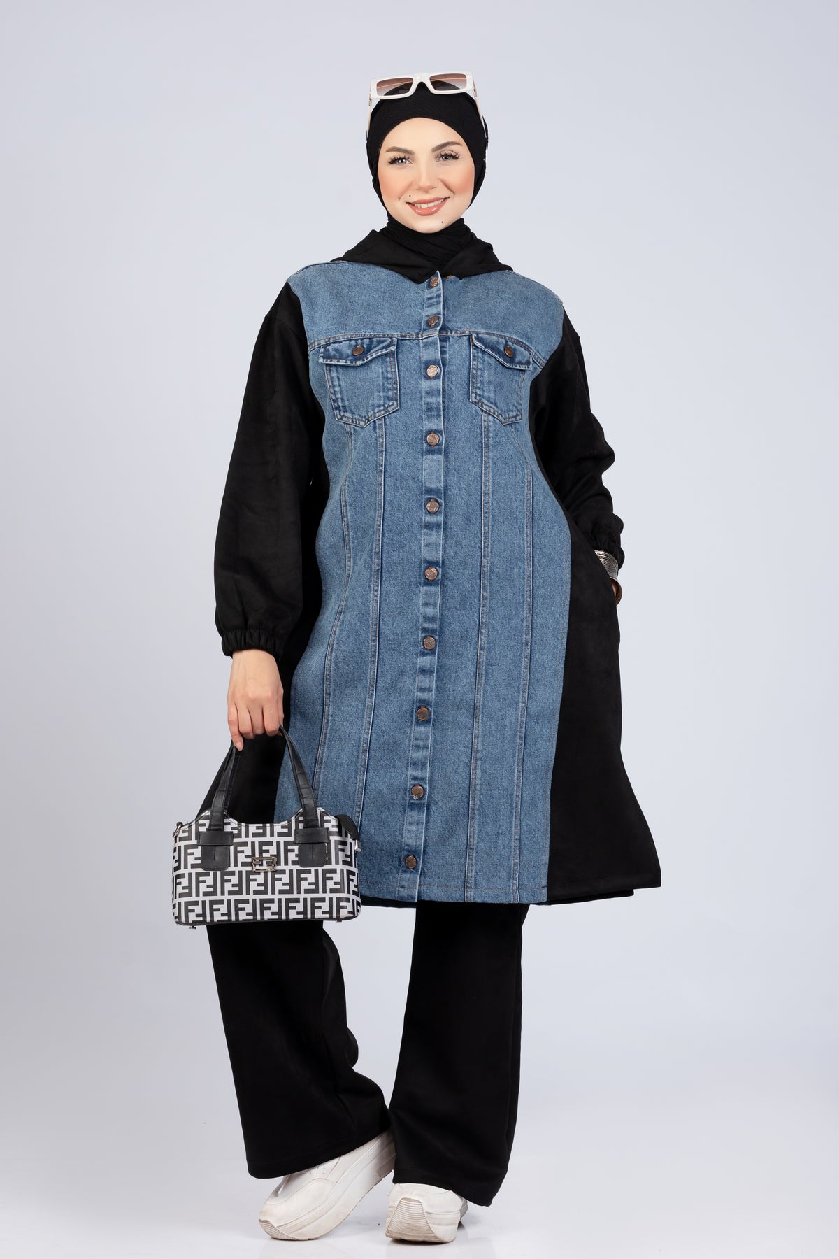Suede scuba and denim modest suit in blue