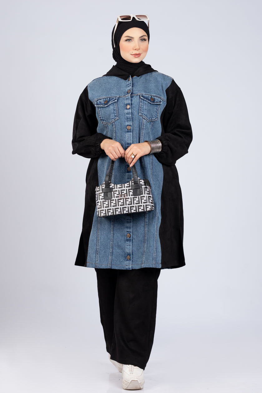 Suede scuba and denim modest suit