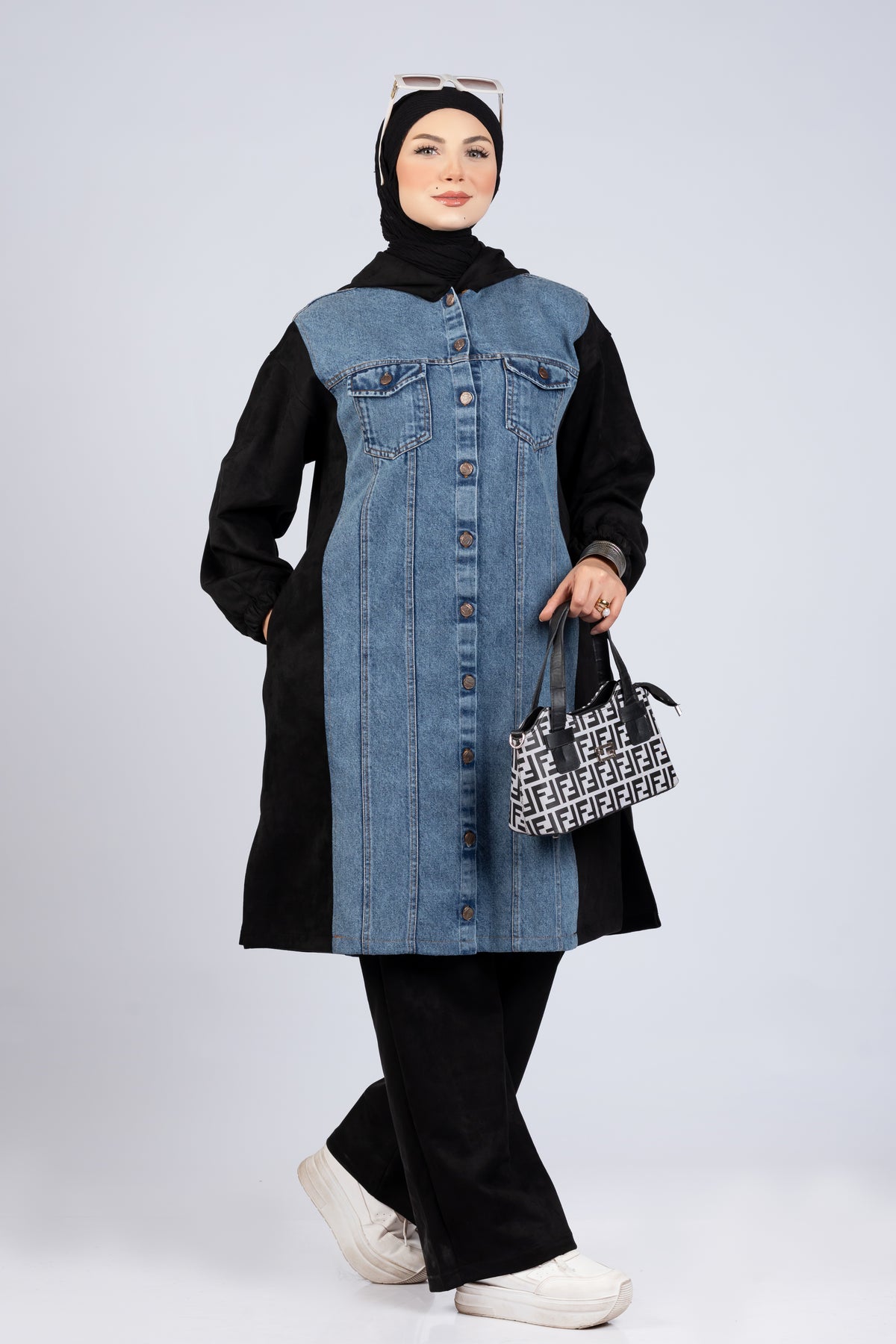 Suede scuba and denim modest suit