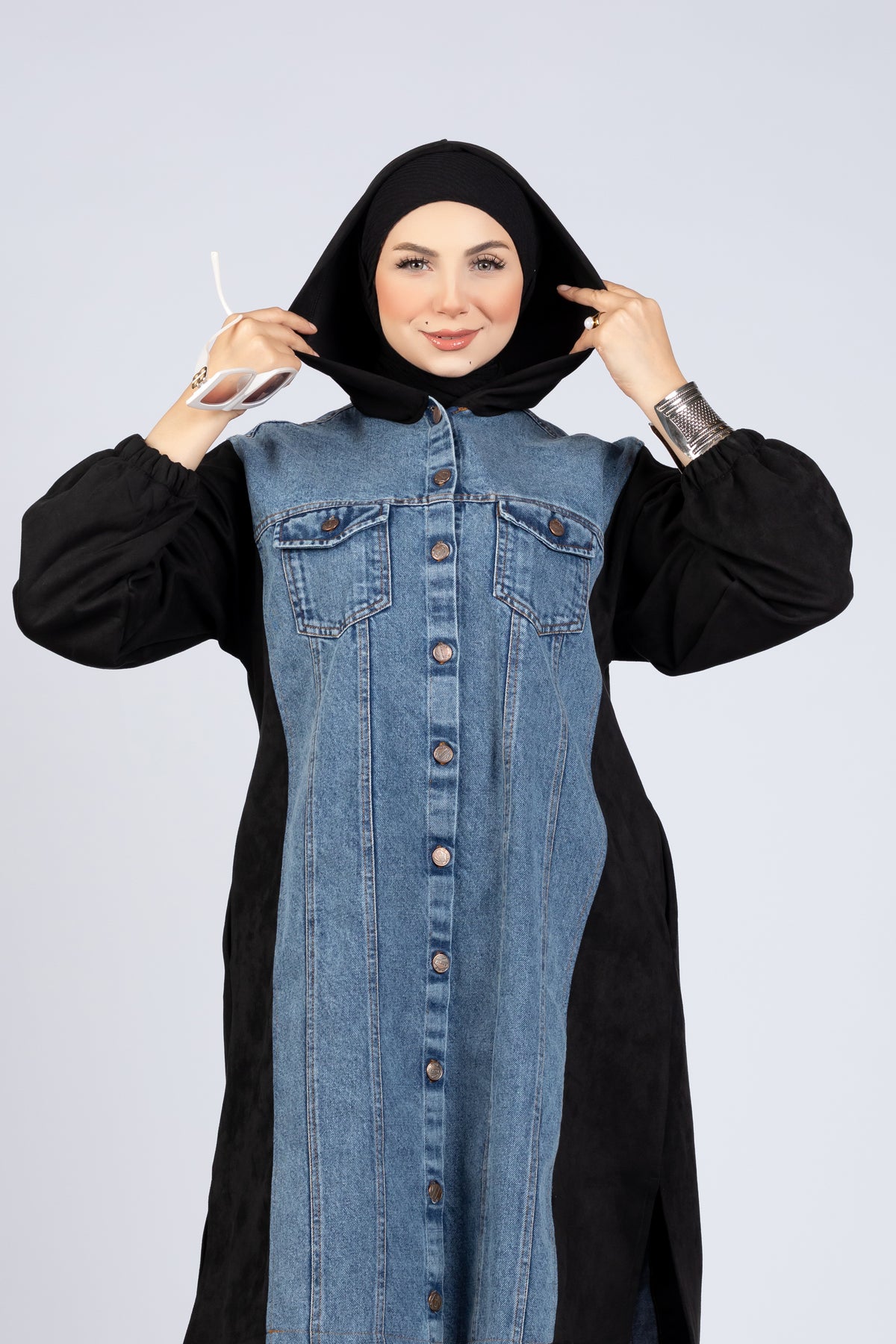 Suede scuba and denim modest suit