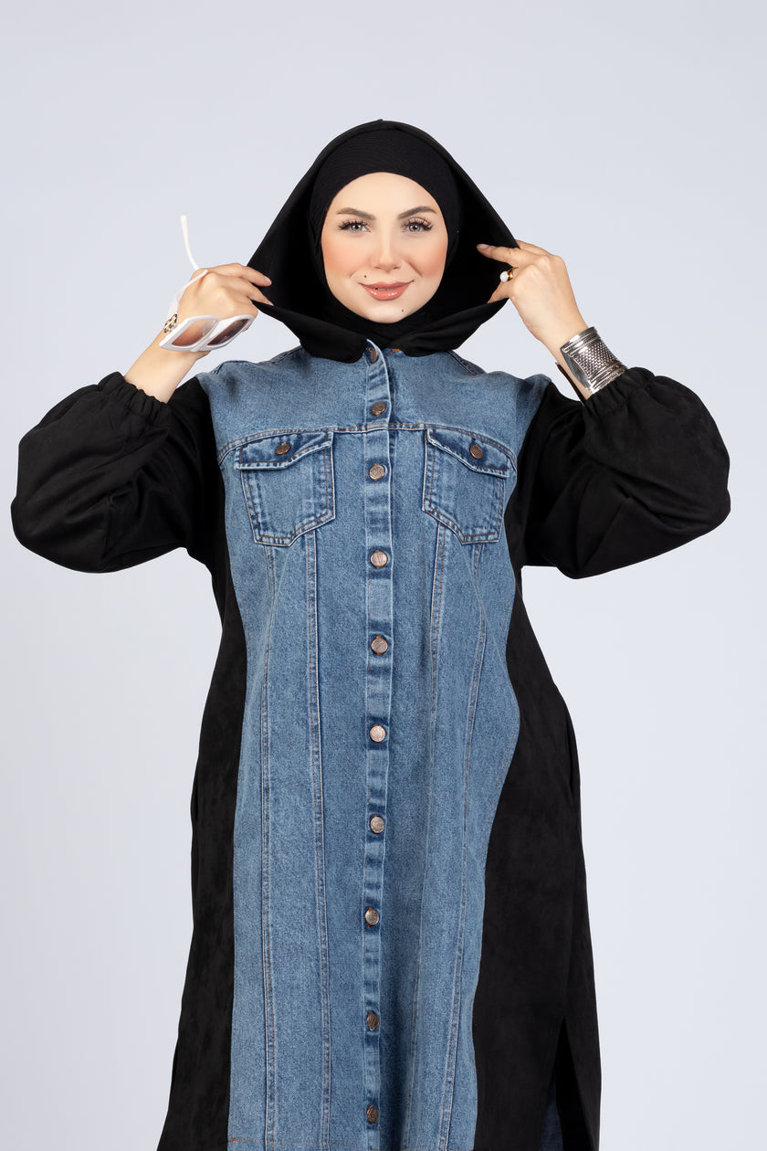 Suede scuba and denim modest suit