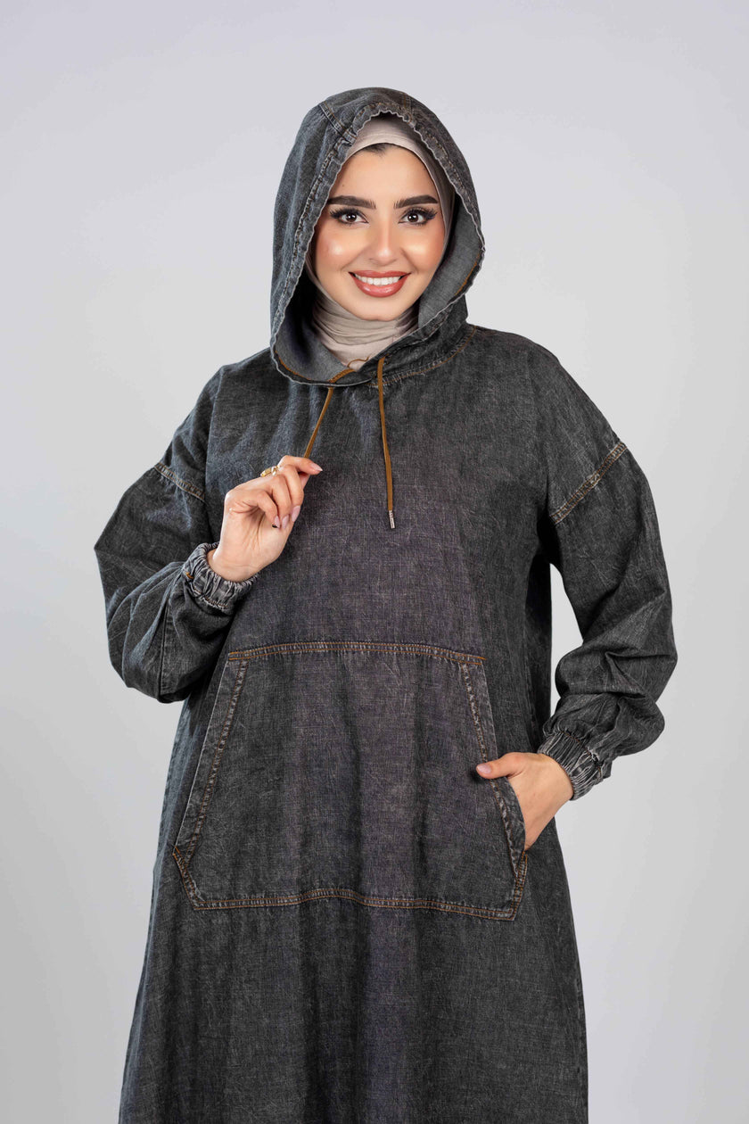 Long denim hoodie dress for hijabis