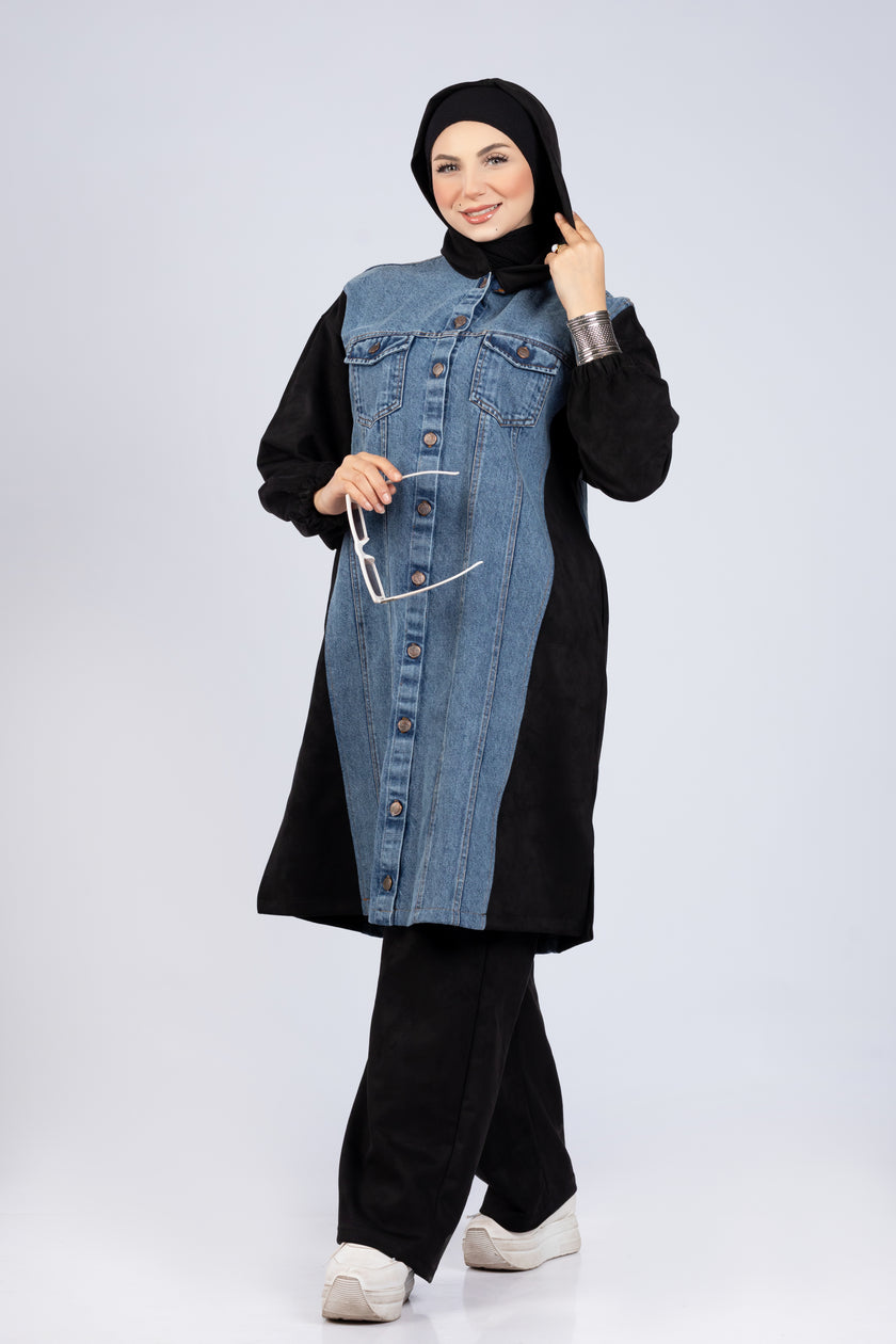 Suede scuba and denim modest suit