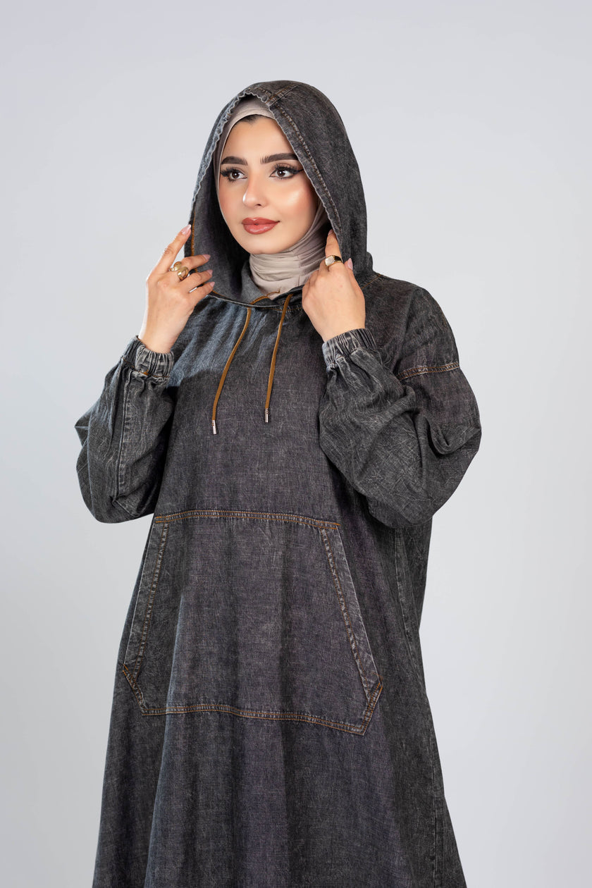 Long denim hoodie dress for hijabis
