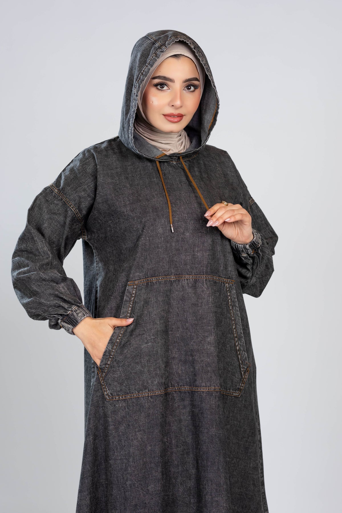 Long denim hoodie dress for hijabis in grey