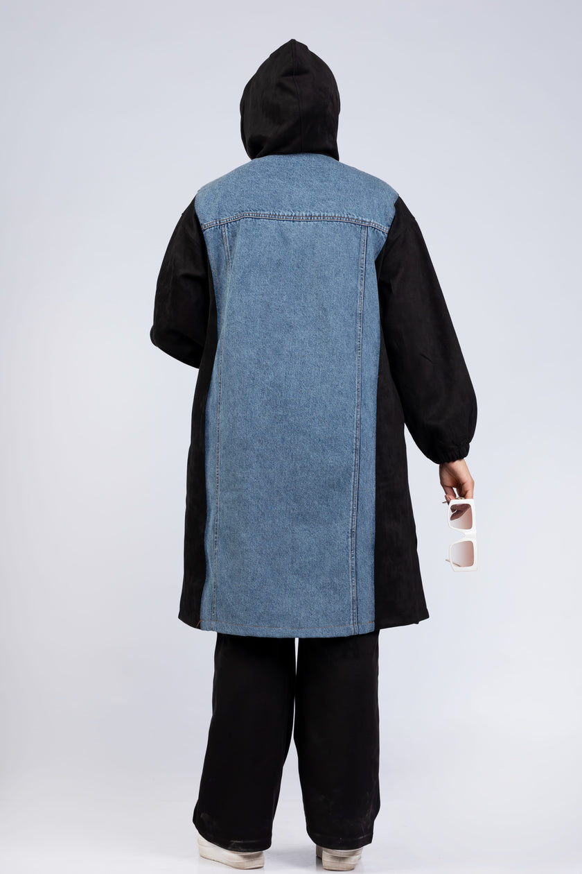Suede scuba and denim modest suit