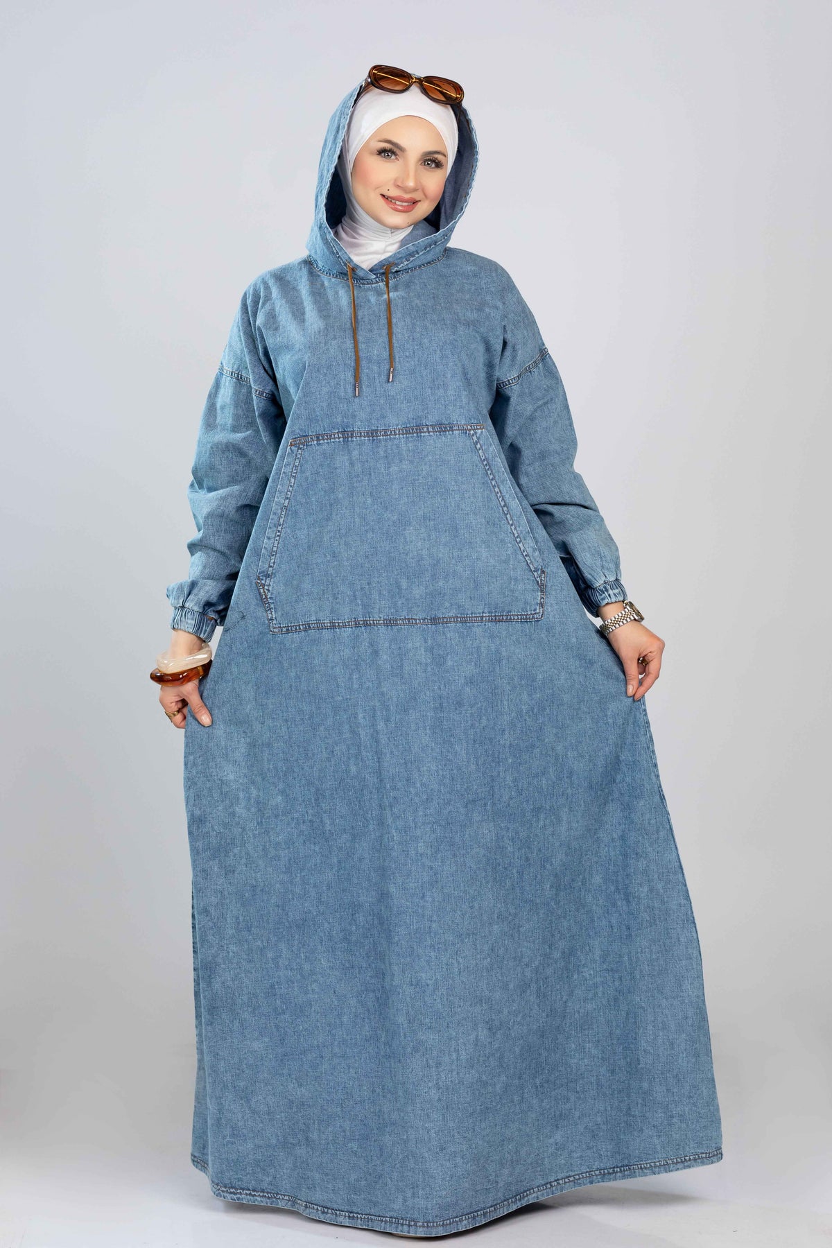 Long denim hoodie dress for hijabis
