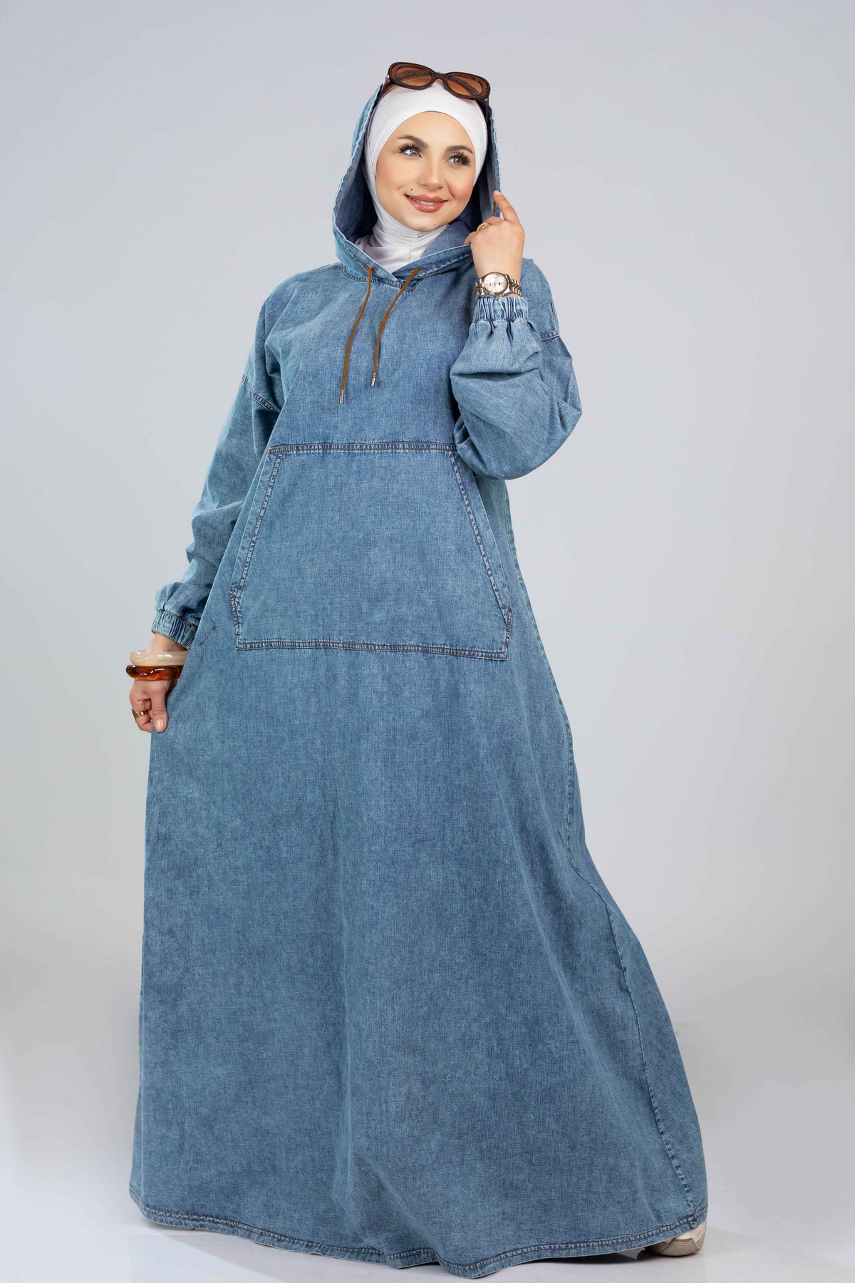 Long denim hoodie dress for hijabis in blue