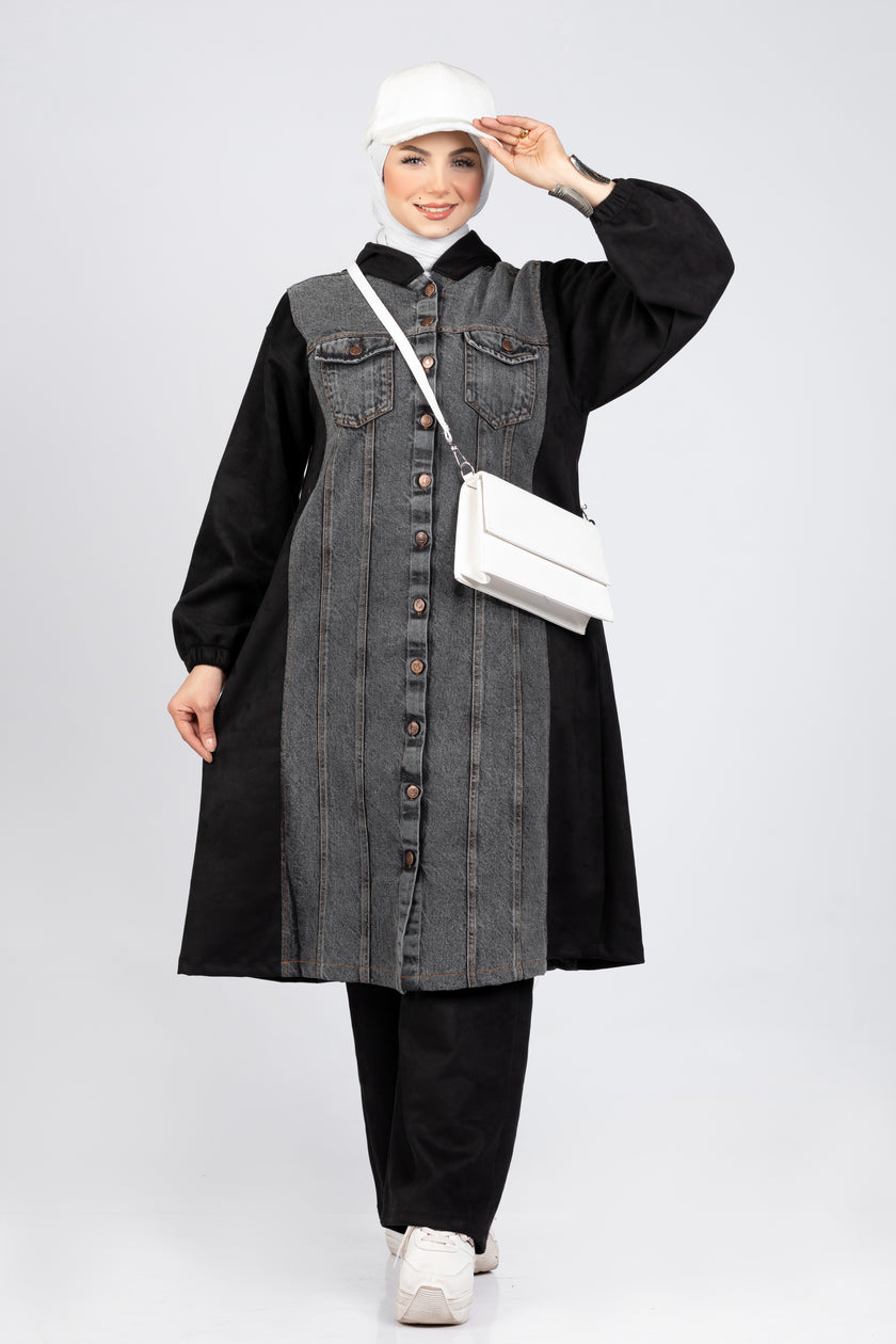 Suede scuba and denim modest suit
