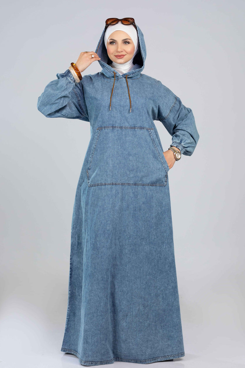 Long denim hoodie dress for hijabis