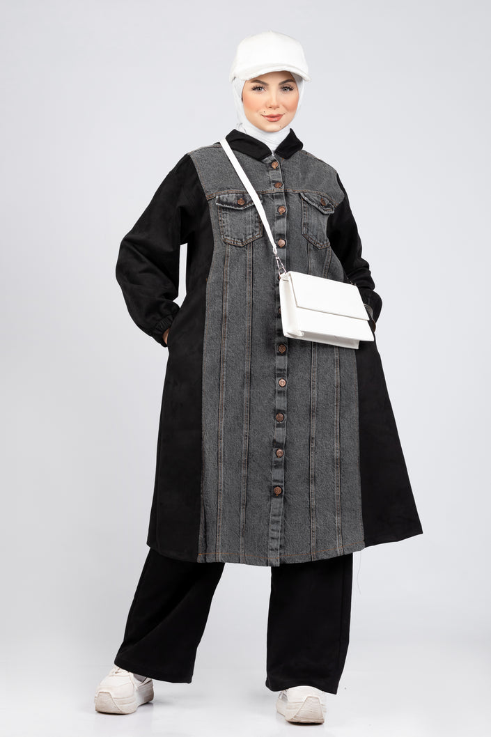 Suede scuba and denim modest suit in grey