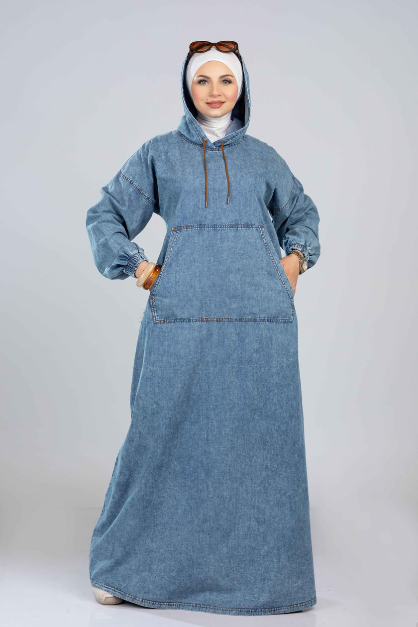 Long denim hoodie dress for hijabis