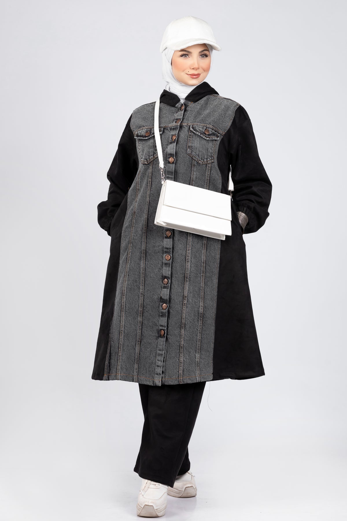 Suede scuba and denim modest suit
