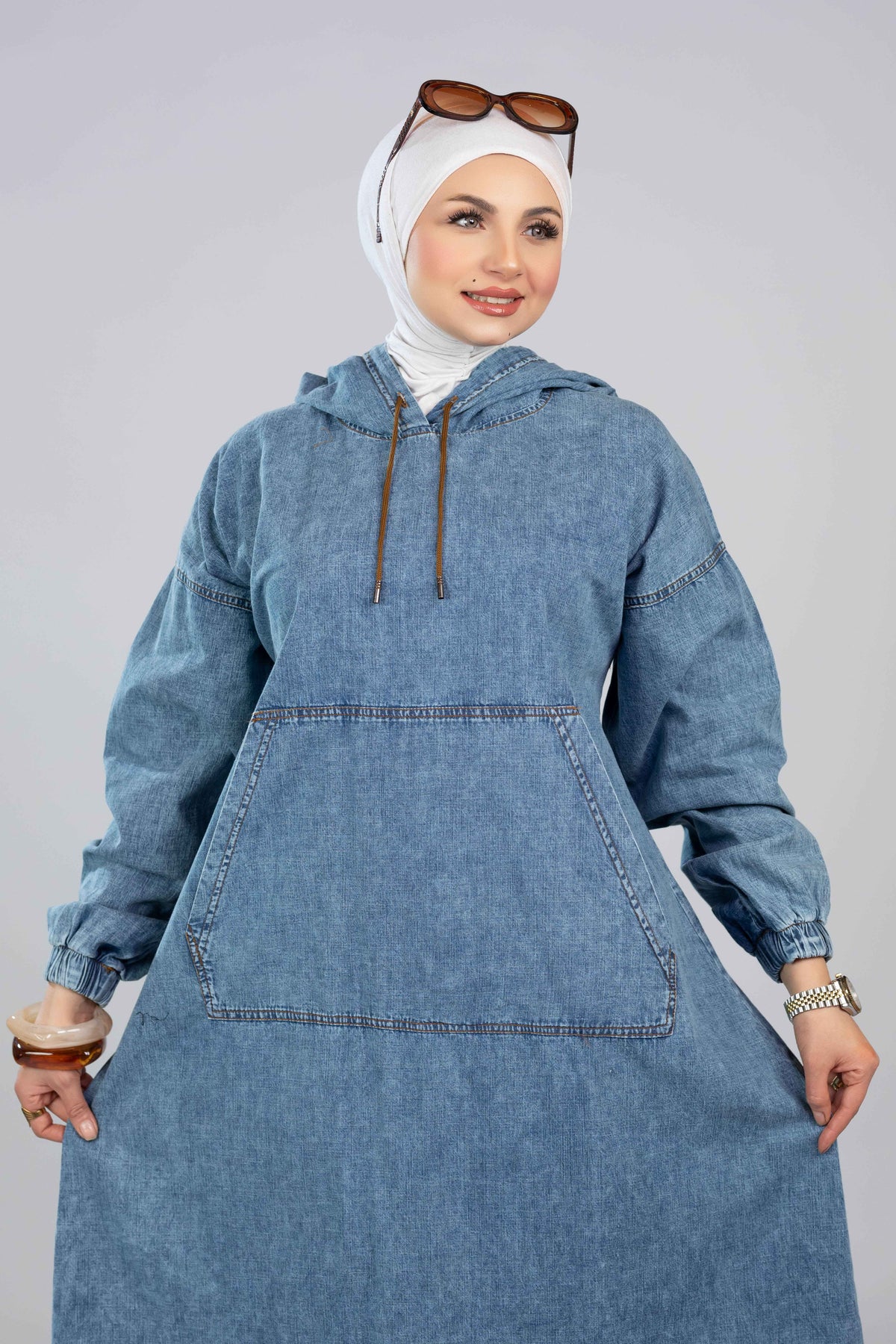 Long denim hoodie dress for hijabis