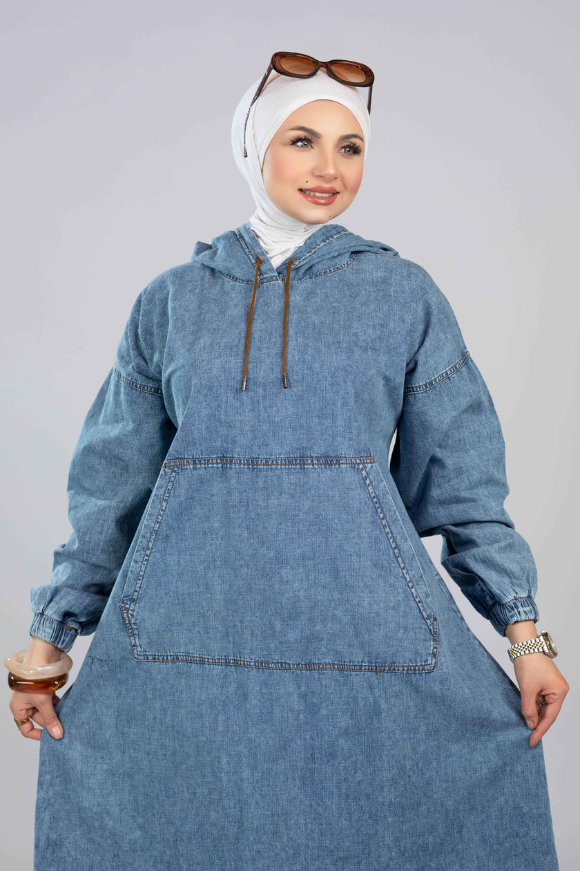 Long denim hoodie dress for hijabis