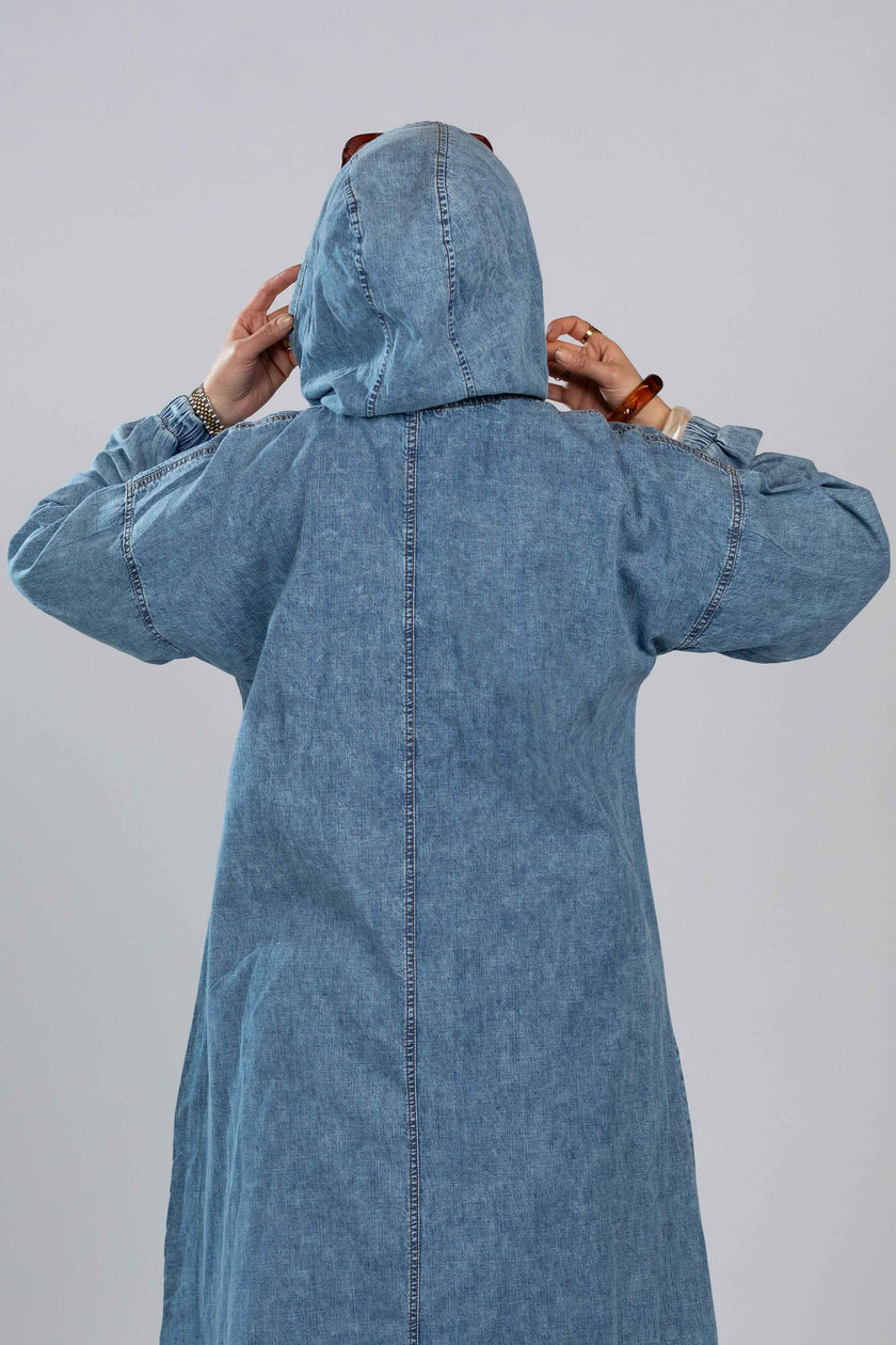 Long denim hoodie dress for hijabis