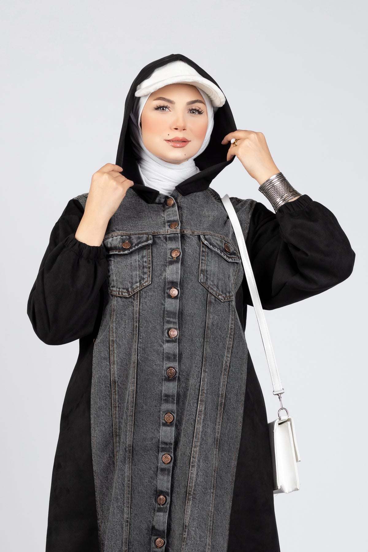 Suede scuba and denim modest suit