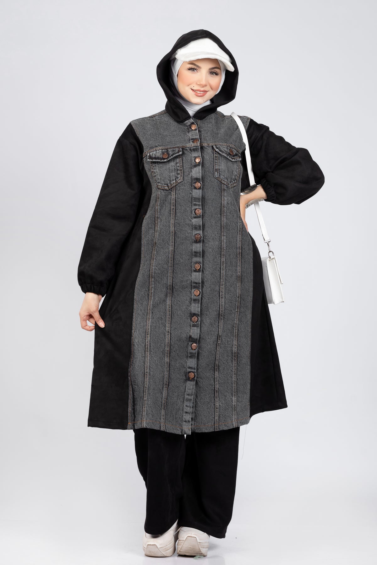 Suede scuba and denim modest suit