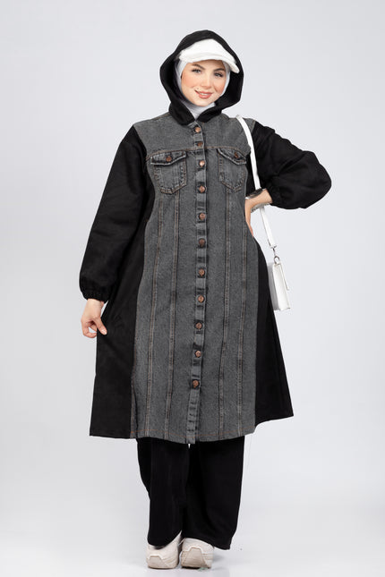 Suede scuba and denim modest suit