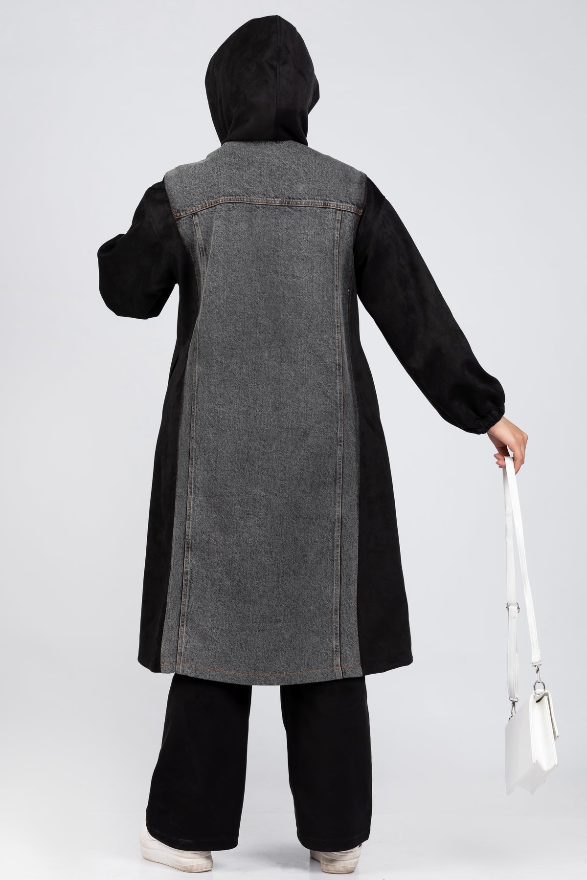 Suede scuba and denim modest suit