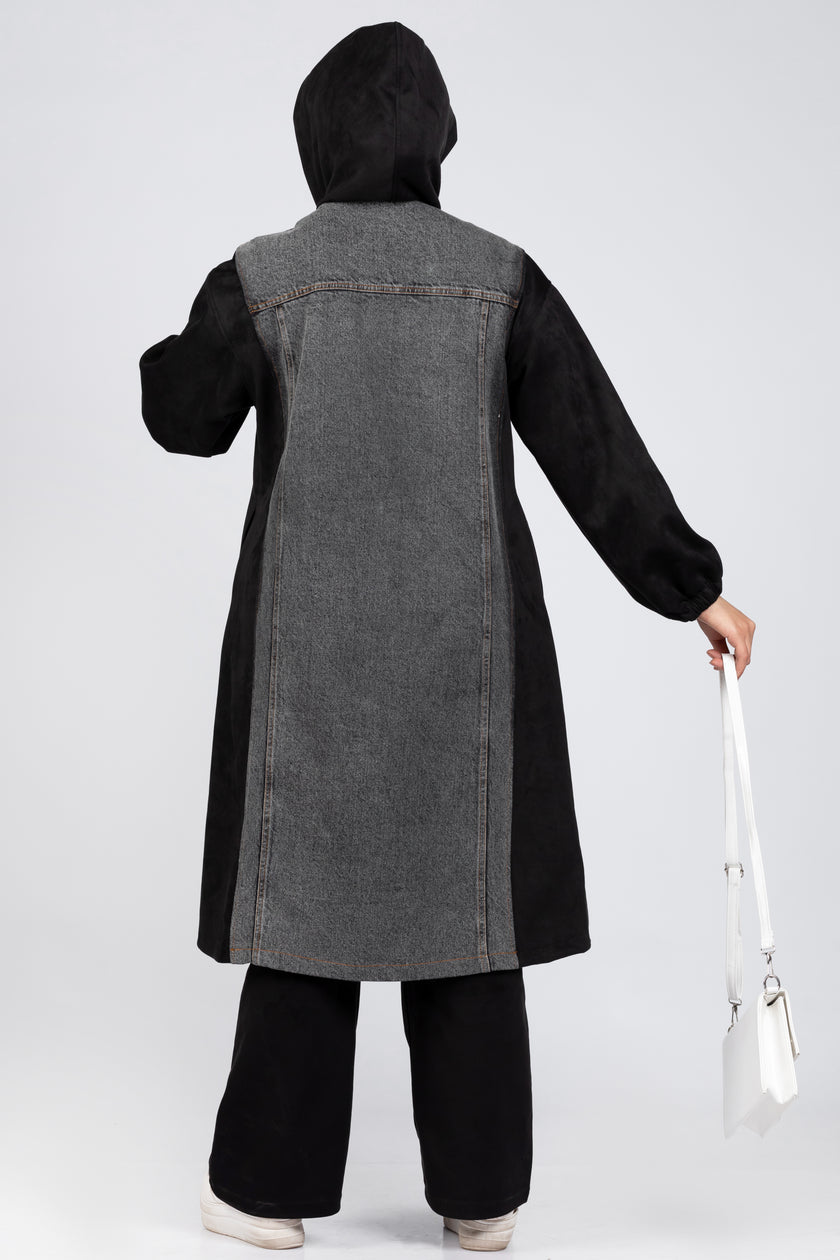 Suede scuba and denim modest suit