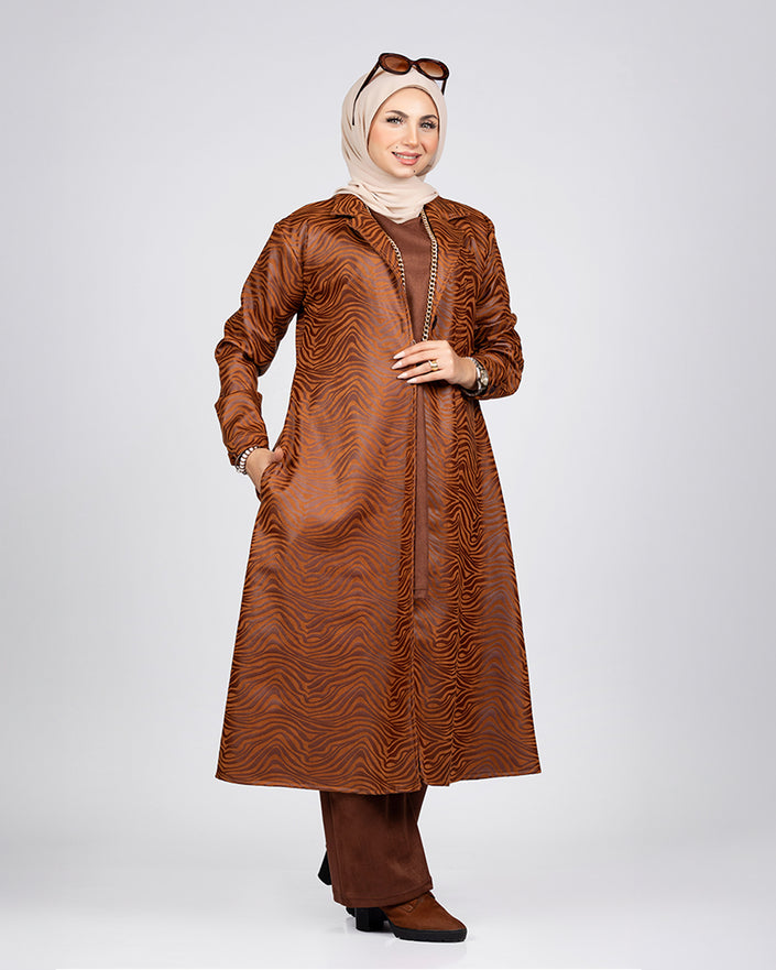 Long suede scuba jacket with leather trim in havana brown