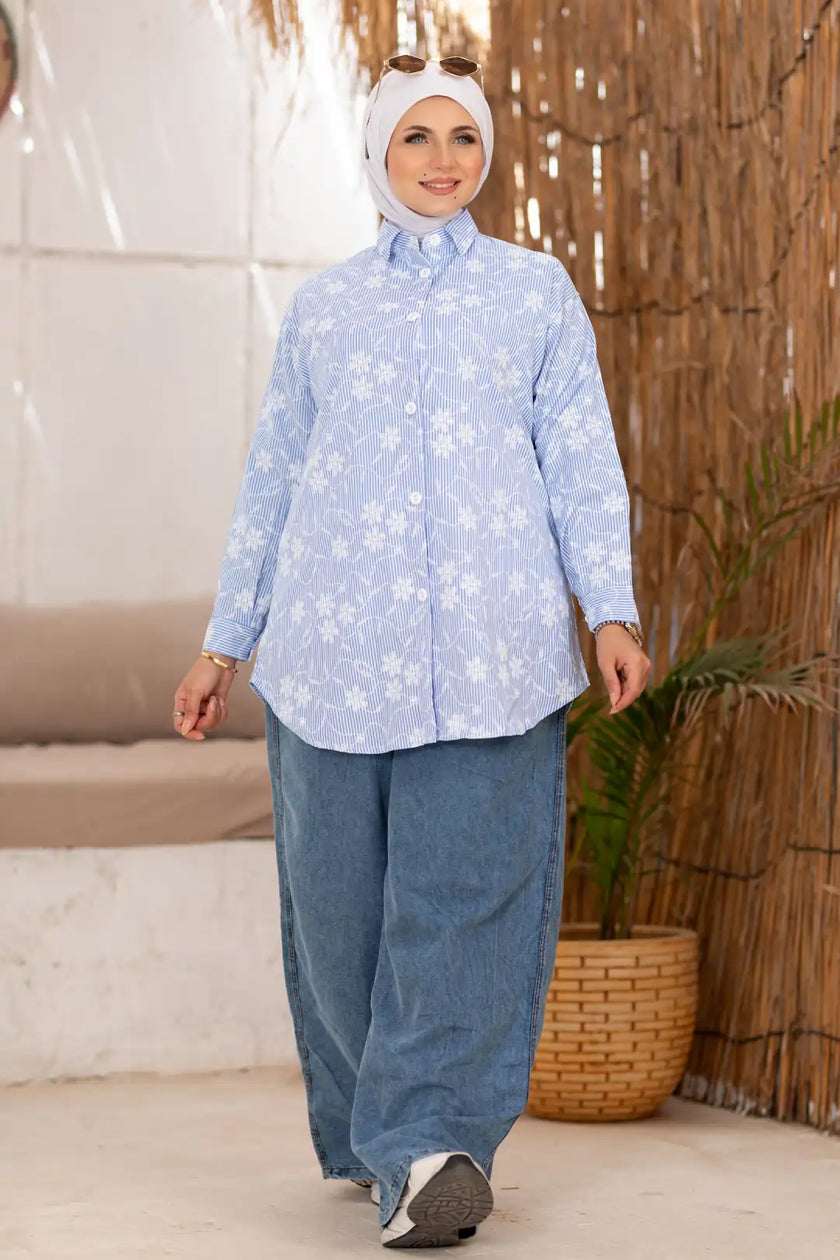 Long printed poplin shirt