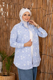 Long printed poplin shirt in baby blue