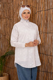 Long printed poplin shirt in beige