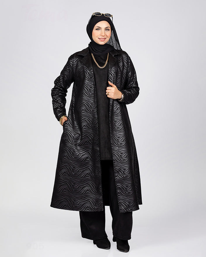 Long suede scuba jacket with leather trim in black