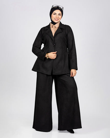 Suede scuba suit with belted jacket and wide pants in black